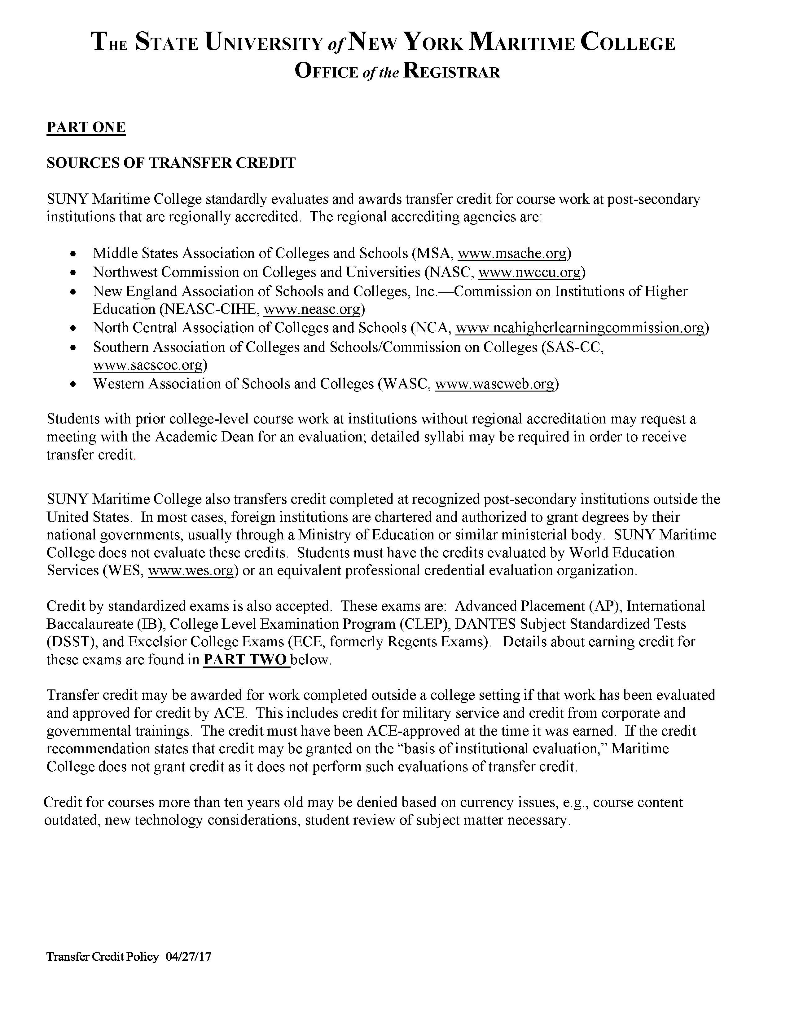 Transfer Credit Policies and Procedures SUNY Maritime College