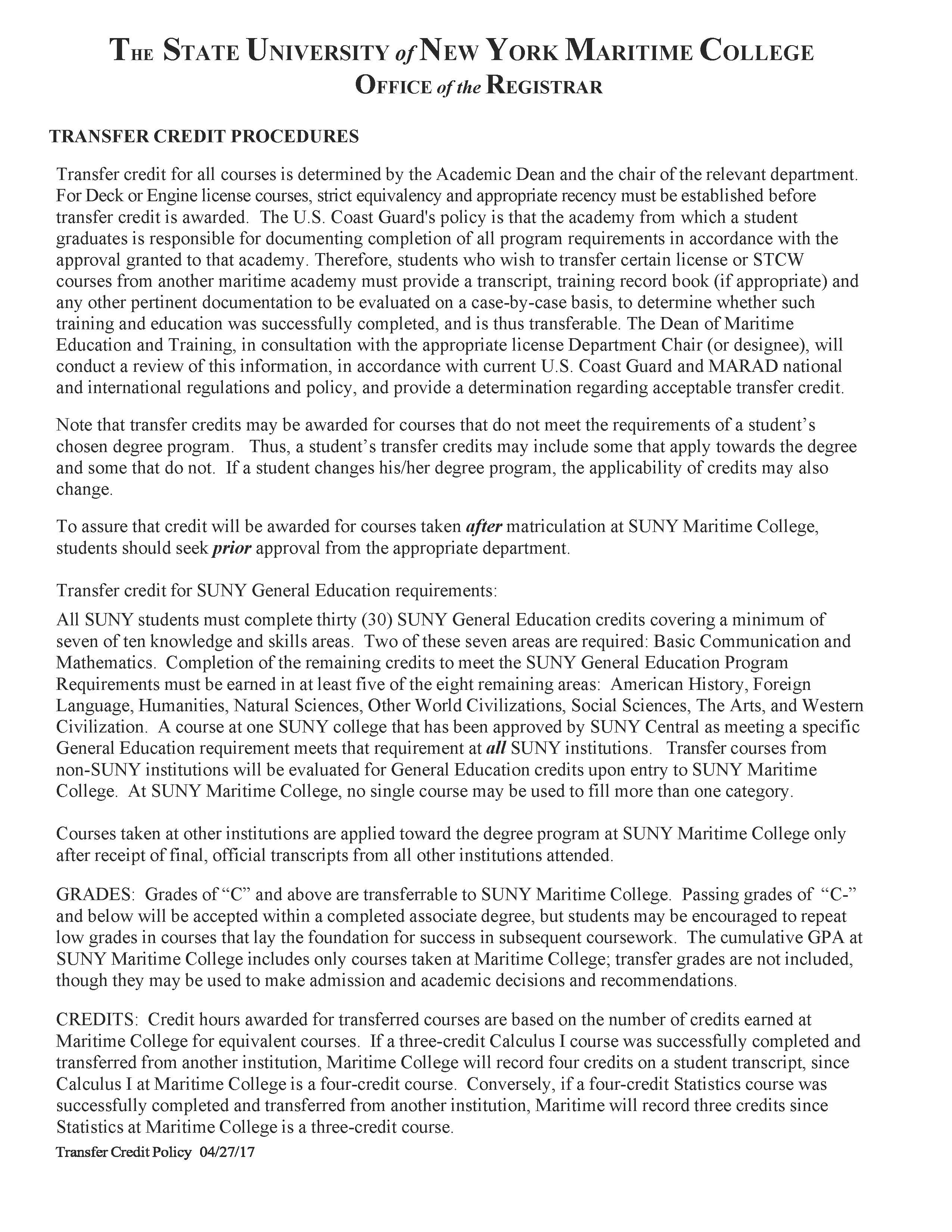 Transfer Credit Policies and Procedures SUNY Maritime College