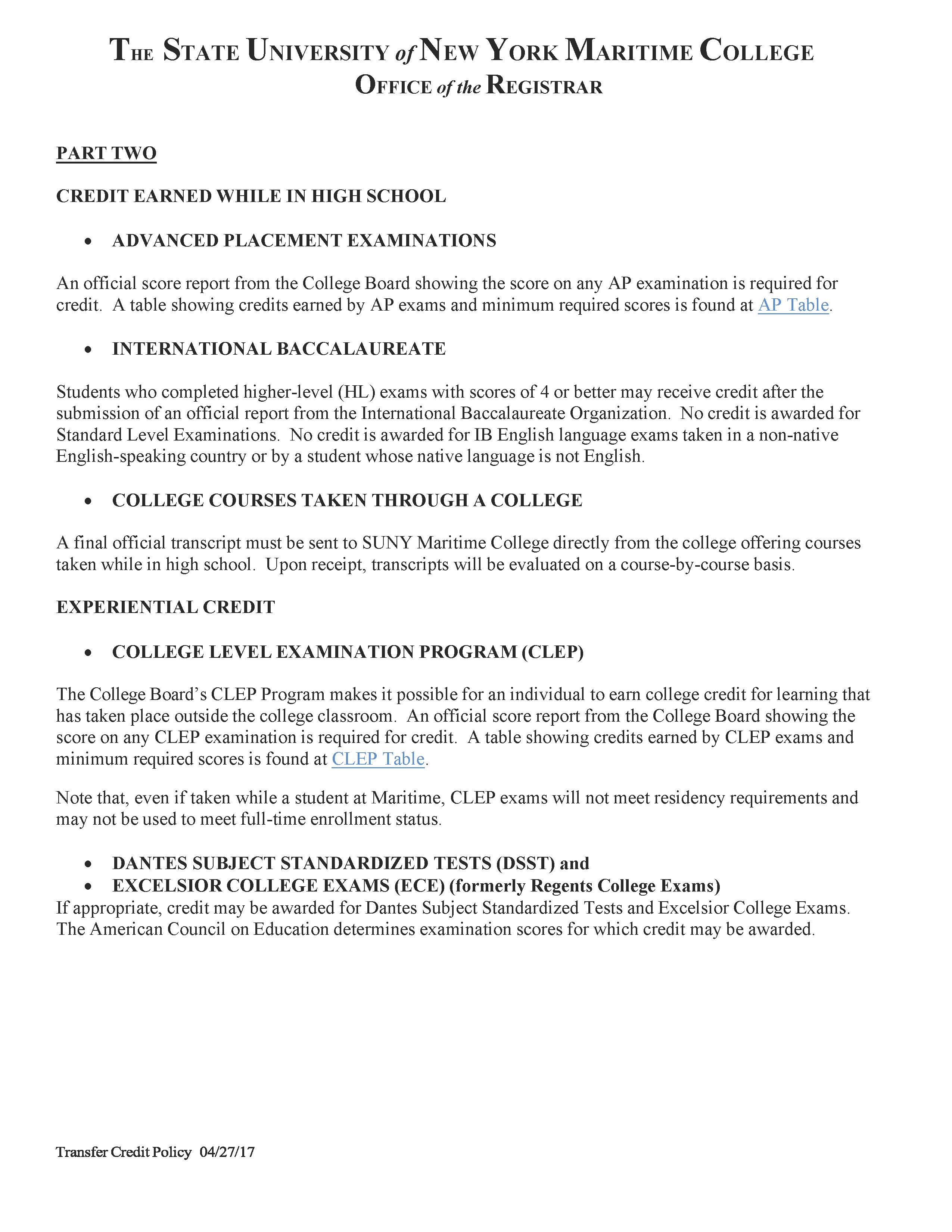 Transfer Credit Policies and Procedures SUNY Maritime College