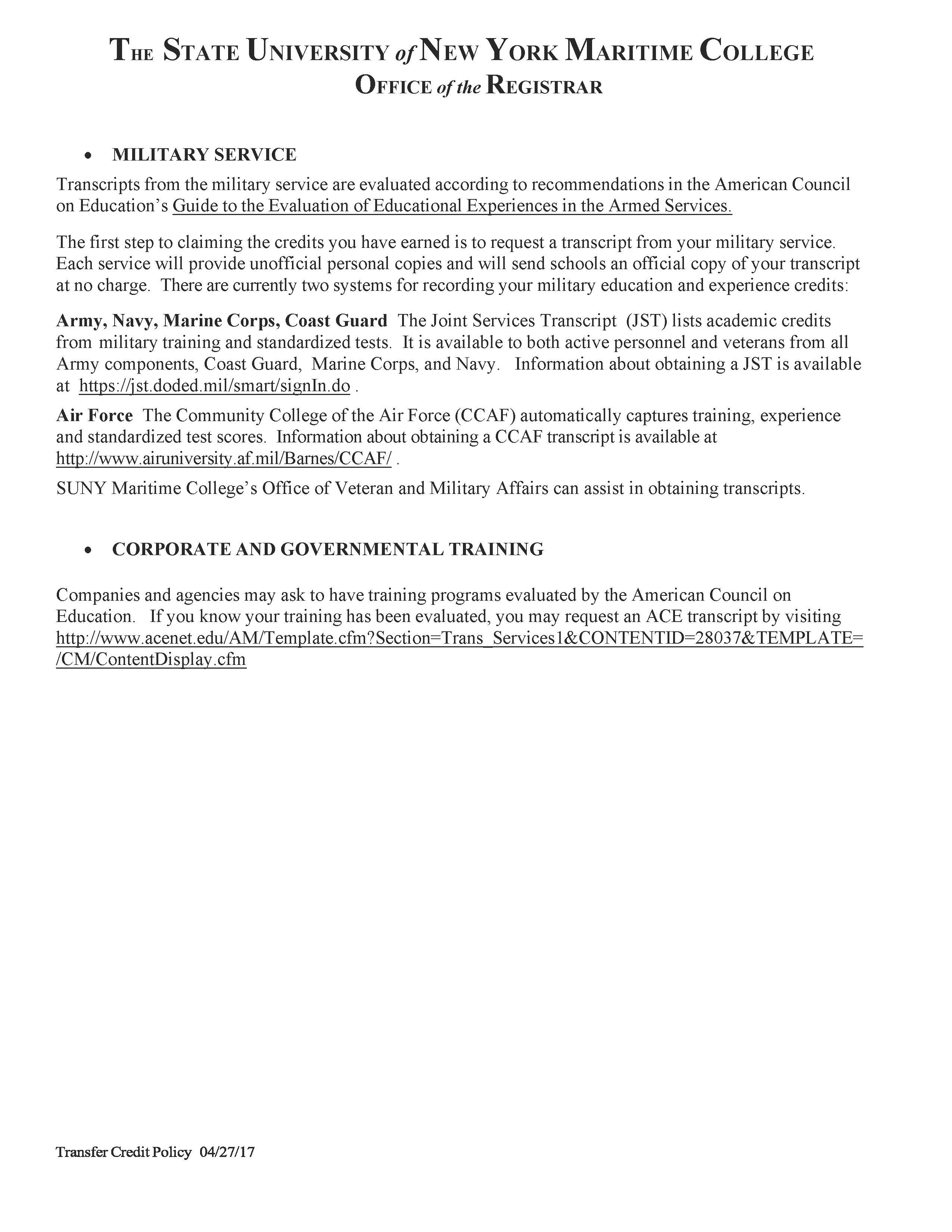 Transfer Credit Policies and Procedures SUNY Maritime College