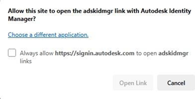 Dialog box asking the user whether it should allow a link to open Autodesk Identity Manager.