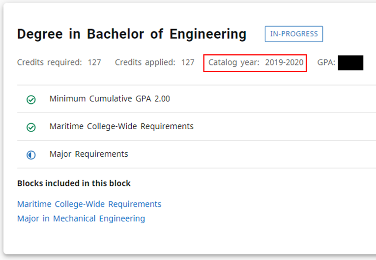 screenshot of DegreeWorks showing where to find your catalog year
